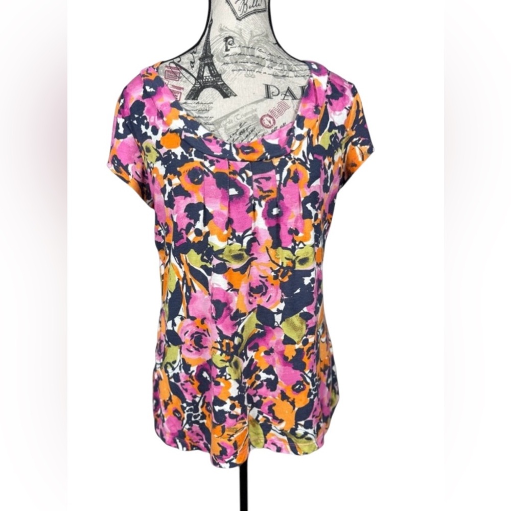 Liz Claiborne Pink Trendy Vibrant Floral Women's Short Sleeve Top Size M